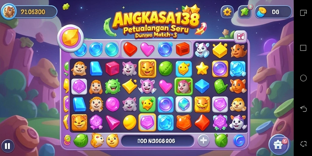 Menampilkan gameplay seru dalam ANGKASA138 dengan tantangan Match-3.