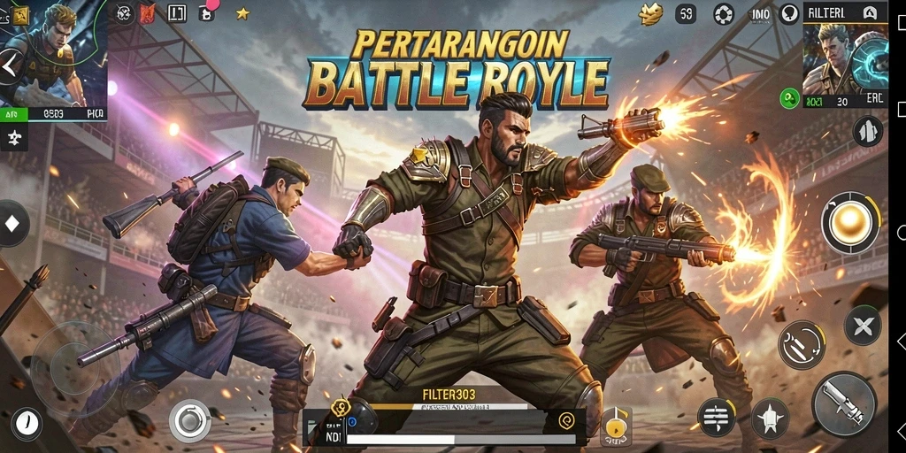Tangkapan layar gameplay FILTER303 yang menunjukkan aksi Battle Royale yang mendebarkan.