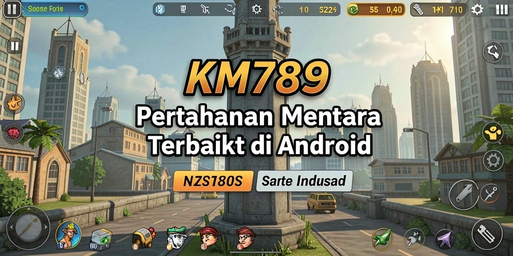 Tampilan gameplay KM789 dengan menara sedang bertempur melawan gelombang musuh.