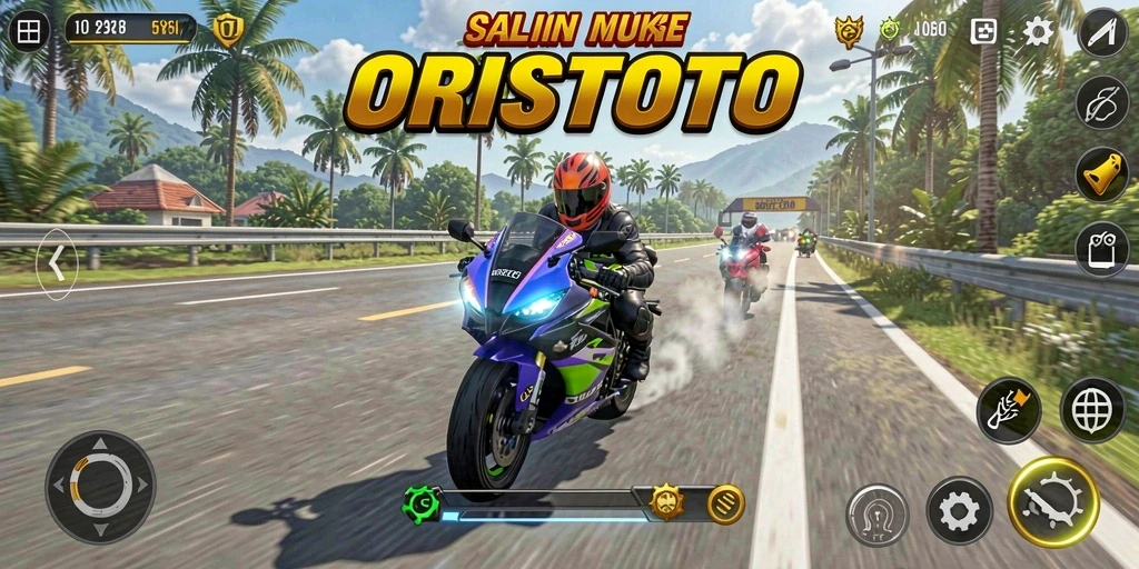 Screenshot utama ORISTOTO menampilkan aksi balap motor yang cepat dan intens.