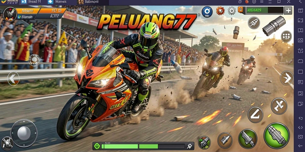 Tampilan gameplay mendebarkan dari PELUANG77 saat balapan motor.