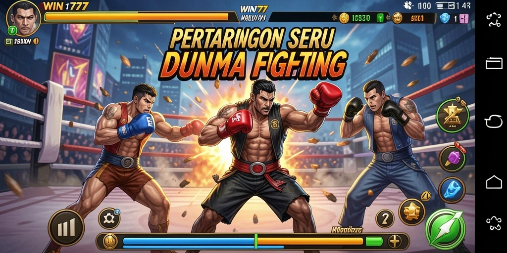 Screenshot utama WIN777 menampilkan pertarungan karakter dengan efek visual yang menarik.